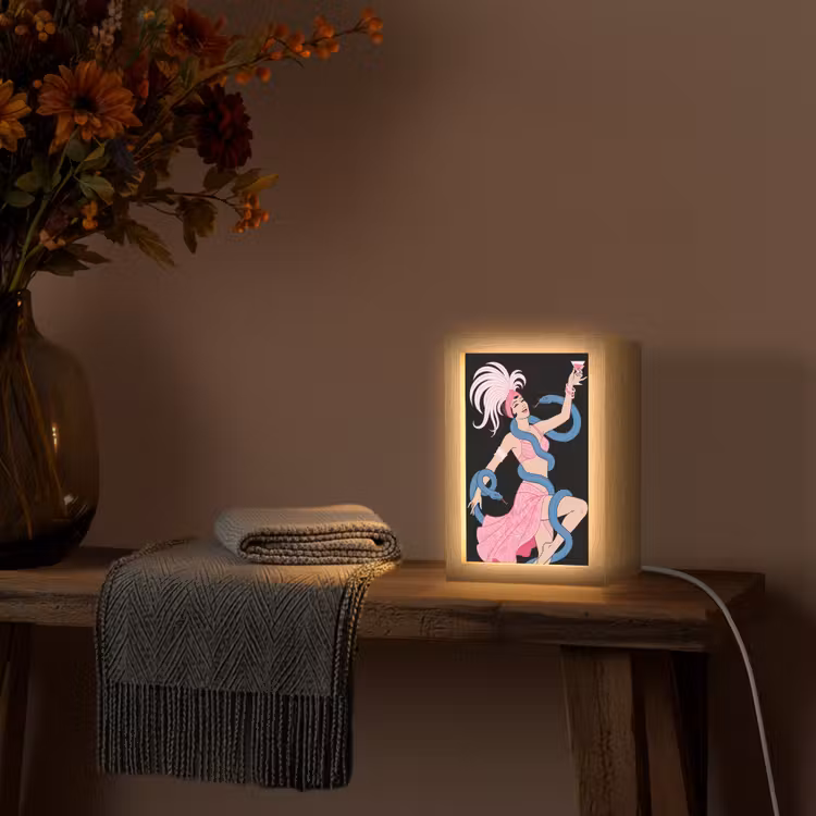 Personalisierte Lightbox - Frau – Tänzerin – Schlangen – Art Déco – Rosa - Vrouw - Danseres - Slangen - Art Deco - Roze Light Box met kabel (Tafellamp) klein