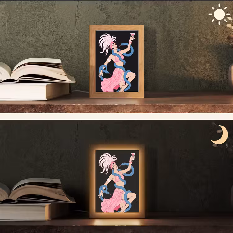 Personalisierte Lightbox - Frau – Tänzerin – Schlangen – Art Déco – Rosa - Vrouw - Danseres - Slangen - Art Deco - Roze Light Box met kabel (Tafellamp) klein