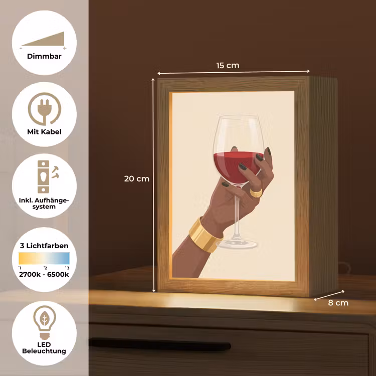 Personalisierte Lightbox - Frau – Wein – Glas – Illustration – Rot - Vrouw - Wijn - Glas - Illustratie - Rood Light Box met kabel (Tafellamp) klein