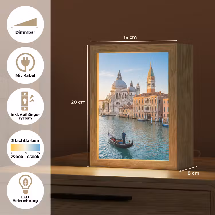 Personalisierte Lightbox - Gondel – Venedig – Kanal – Stadtansicht – Abendlicht - Gondel - Venetië - Kanaal - Stadsgezicht - Avondlicht Light Box met kabel (Tafellamp) klein
