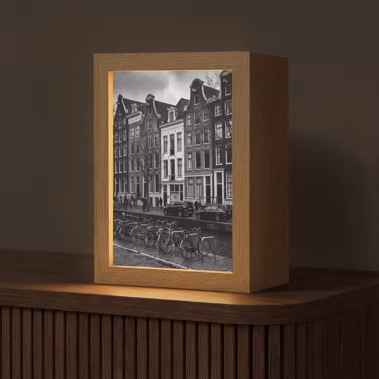 Personalisierte Lightbox - Haus – Kanal – Amsterdam – Architektur – Schwarz-Weiß - Huis - Gracht - Amsterdam - Architectuur - Zwart-wit Light Box met kabel (Tafellamp) klein