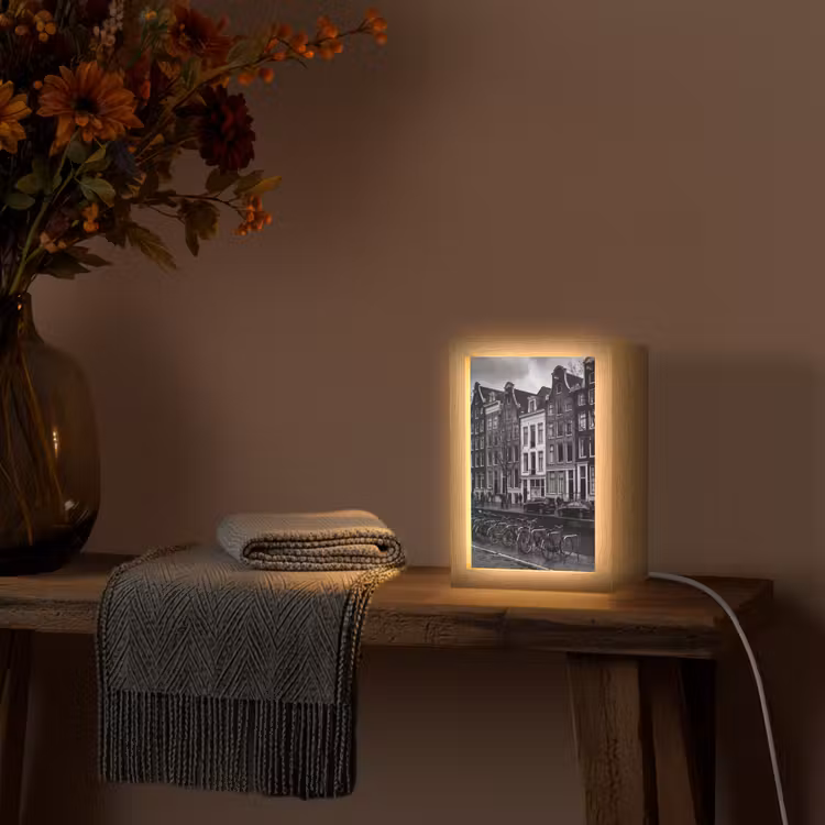 Personalisierte Lightbox - Haus – Kanal – Amsterdam – Architektur – Schwarz-Weiß - Huis - Gracht - Amsterdam - Architectuur - Zwart-wit Light Box met kabel (Tafellamp) klein