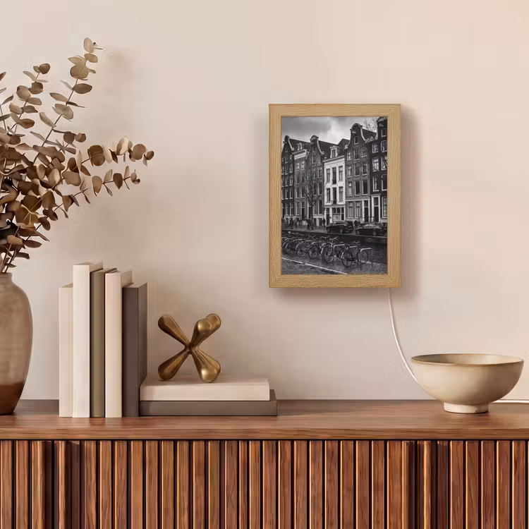 Personalisierte Lightbox - Haus – Kanal – Amsterdam – Architektur – Schwarz-Weiß - Huis - Gracht - Amsterdam - Architectuur - Zwart-wit Light Box met kabel (Tafellamp) klein