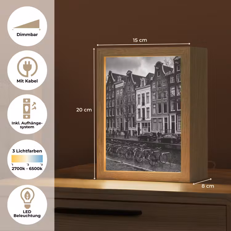 Personalisierte Lightbox - Haus – Kanal – Amsterdam – Architektur – Schwarz-Weiß - Huis - Gracht - Amsterdam - Architectuur - Zwart-wit Light Box met kabel (Tafellamp) klein
