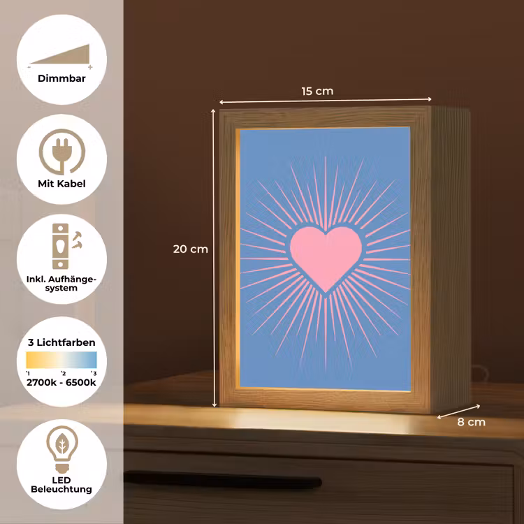 Personalisierte Lightbox - Herz – Strahlen – Liebe – Modern – Rosa - Hart - Stralen - Liefde - Modern - Roze Light Box met kabel (Tafellamp) klein
