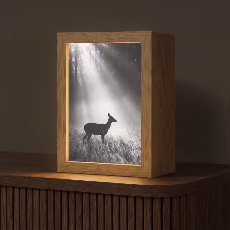 Hert - Bos - Zonnestralen - Zwart-wit - Natuur Light Box met kabel (Tafellamp) klein -z3d_website