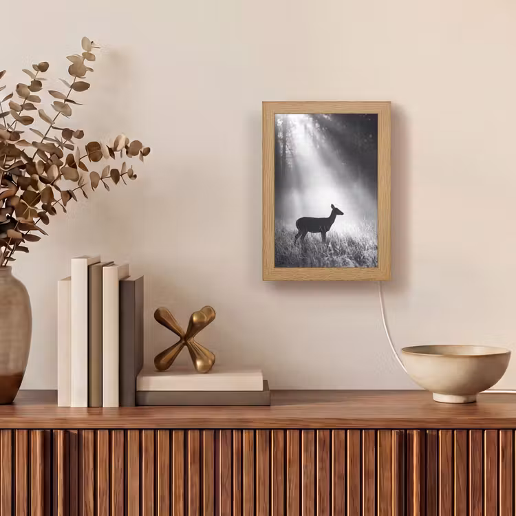 Hert - Bos - Zonnestralen - Zwart-wit - Natuur Light Box met kabel (Tafellamp) klein -sfeer2