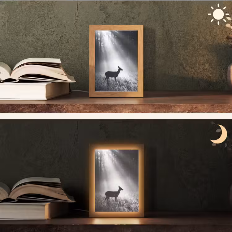 Hert - Bos - Zonnestralen - Zwart-wit - Natuur Light Box met kabel (Tafellamp) klein -sfeer3