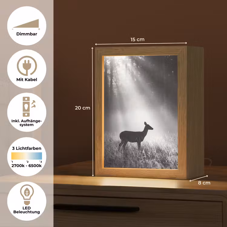 Hert - Bos - Zonnestralen - Zwart-wit - Natuur Light Box met kabel (Tafellamp) klein -USP_DE