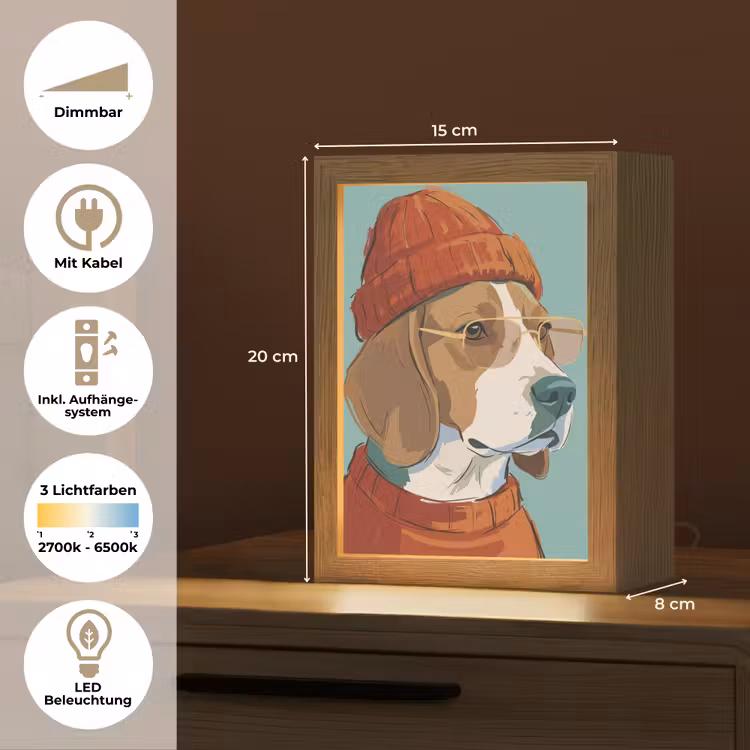 Personalisierte Lightbox - Hund – Mütze – Sonnenbrille – Tiere – Modern - Hond - Beanie - Zonnebril - Dieren - Modern Light Box met kabel (Tafellamp) klein