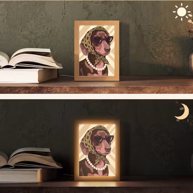 Personalisierte Lightbox - Hund – Sonnenbrille – Kopftuch – Tiere – Modern - Hond - Zonnebril - Hoofddoek - Dieren - Modern Light Box met kabel (Tafellamp) klein