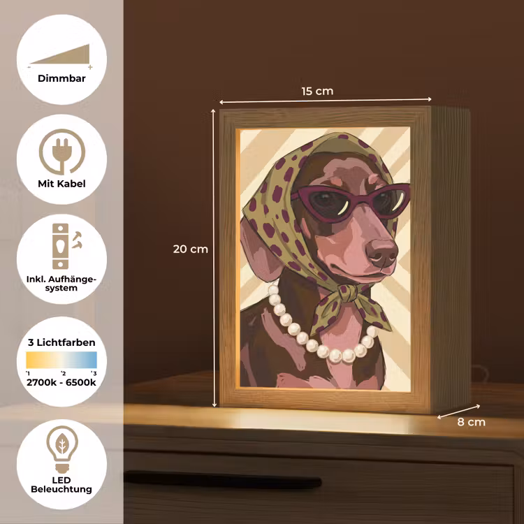 Personalisierte Lightbox - Hund – Sonnenbrille – Kopftuch – Tiere – Modern - Hond - Zonnebril - Hoofddoek - Dieren - Modern Light Box met kabel (Tafellamp) klein