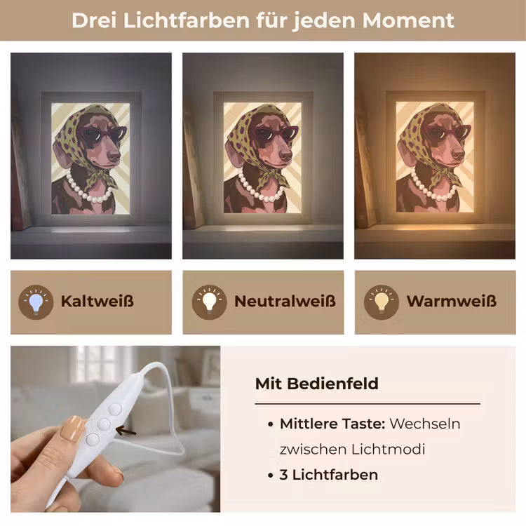 Personalisierte Lightbox - Hund – Sonnenbrille – Kopftuch – Tiere – Modern - Hond - Zonnebril - Hoofddoek - Dieren - Modern Light Box met kabel (Tafellamp) klein