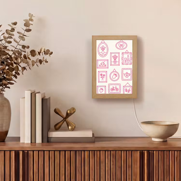 Illustratie - Collectie - Kunst - Minimalistisch - Roze Light Box met kabel (Tafellamp) klein -sfeer2