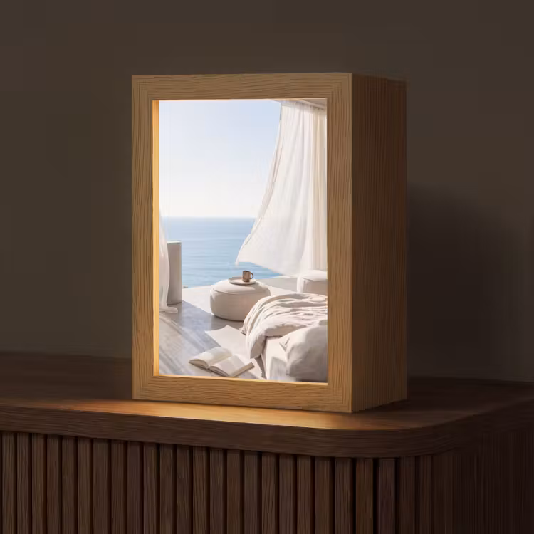 Personalisierte Lightbox - Innenausstattung – Meerblick – Modern – Ruhe – Beige - Interieur - Zeezicht - Modern - Rust - Beige Light Box met kabel (Tafellamp) klein