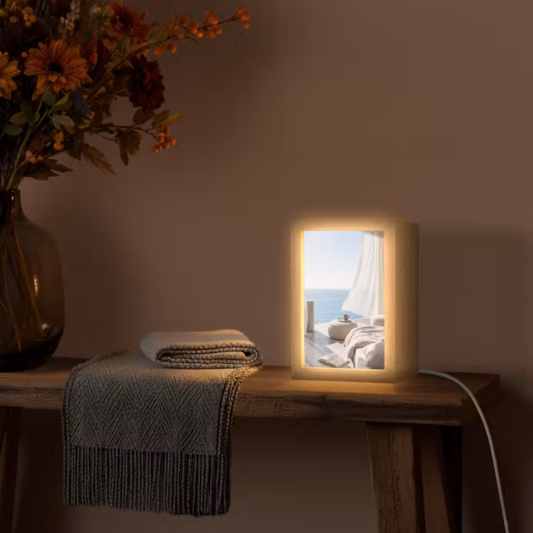Personalisierte Lightbox - Innenausstattung – Meerblick – Modern – Ruhe – Beige - Interieur - Zeezicht - Modern - Rust - Beige Light Box met kabel (Tafellamp) klein