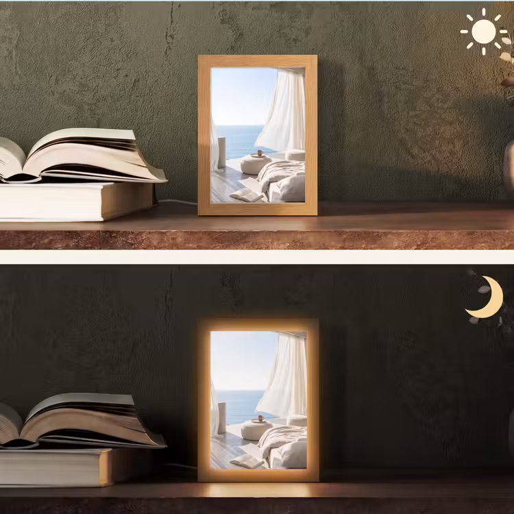 Personalisierte Lightbox - Innenausstattung – Meerblick – Modern – Ruhe – Beige - Interieur - Zeezicht - Modern - Rust - Beige Light Box met kabel (Tafellamp) klein