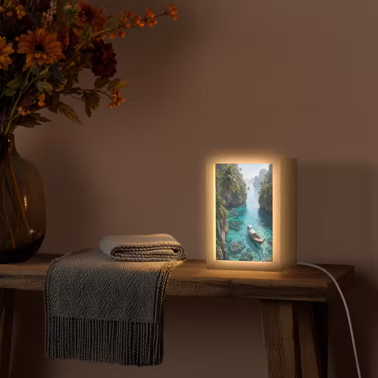 Personalisierte Lightbox - Insel – Tropisch – Wasser – Palmen – Natur - Eiland - Tropisch - Water - Palmbomen - Natuur Light Box met kabel (Tafellamp) klein