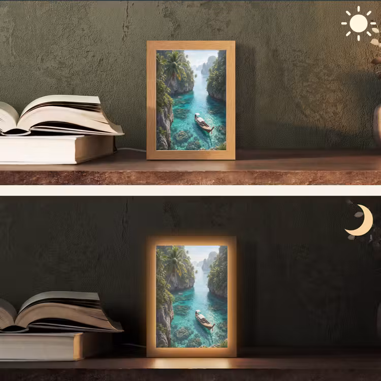 Personalisierte Lightbox - Insel – Tropisch – Wasser – Palmen – Natur - Eiland - Tropisch - Water - Palmbomen - Natuur Light Box met kabel (Tafellamp) klein