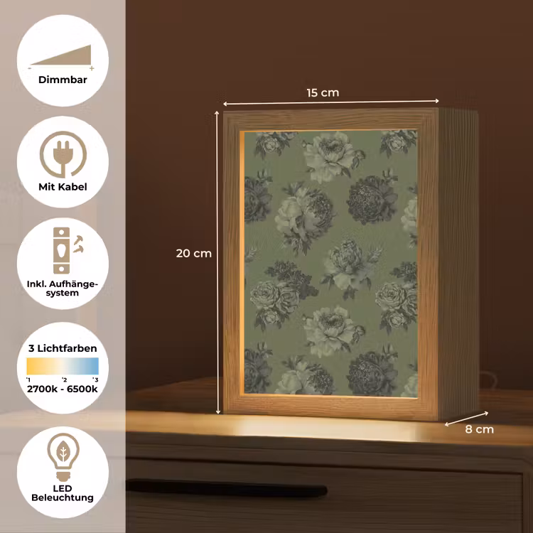 Klassiek - botanisch - olijfgroen - bloemen Light Box met kabel (Tafellamp) klein 925 -USP_DE