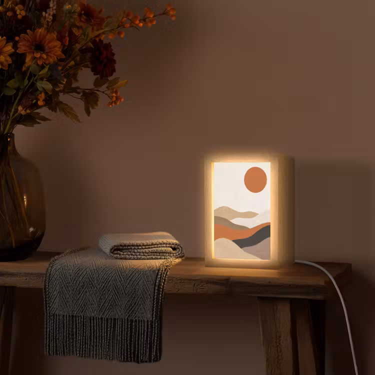 Landschap - Heuvels - Zon - Abstract - Oranje Light Box met kabel (Tafellamp) klein -sfeer4