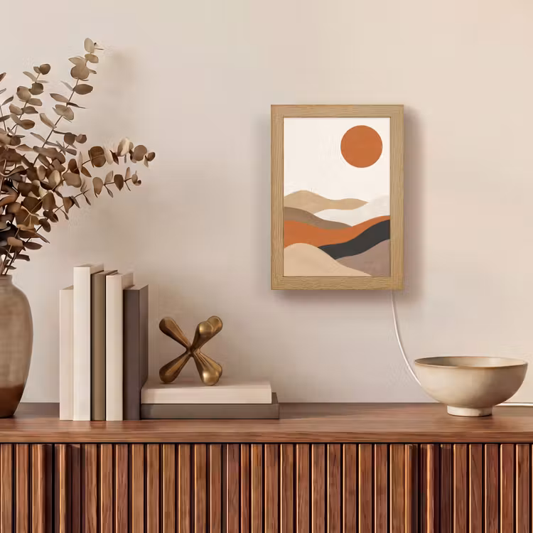 Landschap - Heuvels - Zon - Abstract - Oranje Light Box met kabel (Tafellamp) klein -sfeer2