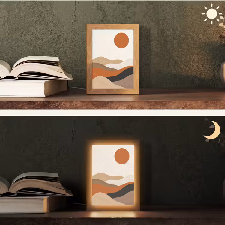 Landschap - Heuvels - Zon - Abstract - Oranje Light Box met kabel (Tafellamp) klein -sfeer3