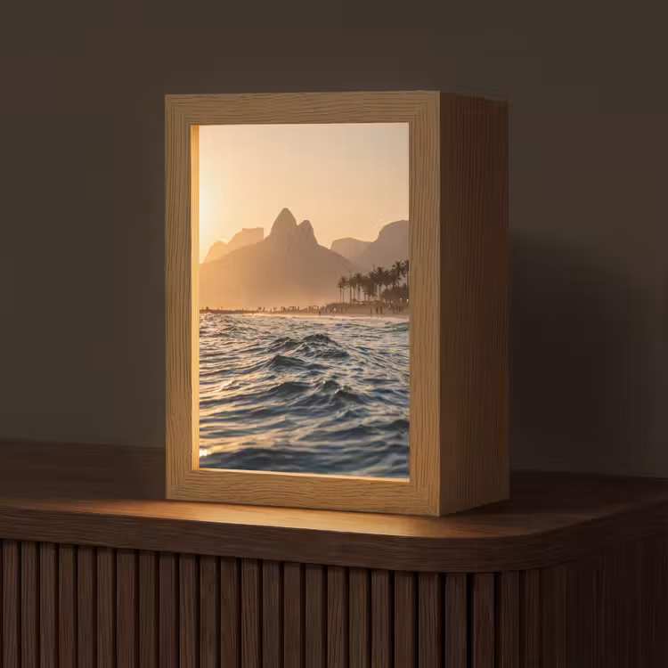 Personalisierte Lightbox - Meer – Wellen – Sonnenuntergang – Küste – Gold - Zee - Golven - Zonsondergang - Kust - Goud Light Box met kabel (Tafellamp) klein