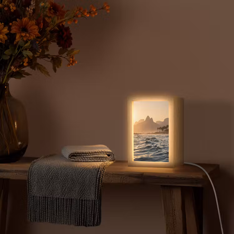 Personalisierte Lightbox - Meer – Wellen – Sonnenuntergang – Küste – Gold - Zee - Golven - Zonsondergang - Kust - Goud Light Box met kabel (Tafellamp) klein