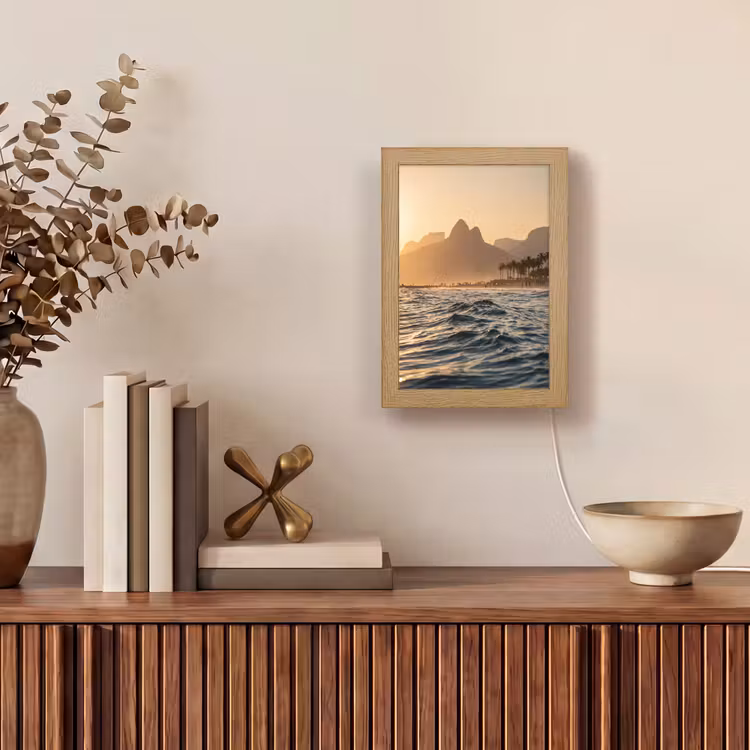 Personalisierte Lightbox - Meer – Wellen – Sonnenuntergang – Küste – Gold - Zee - Golven - Zonsondergang - Kust - Goud Light Box met kabel (Tafellamp) klein