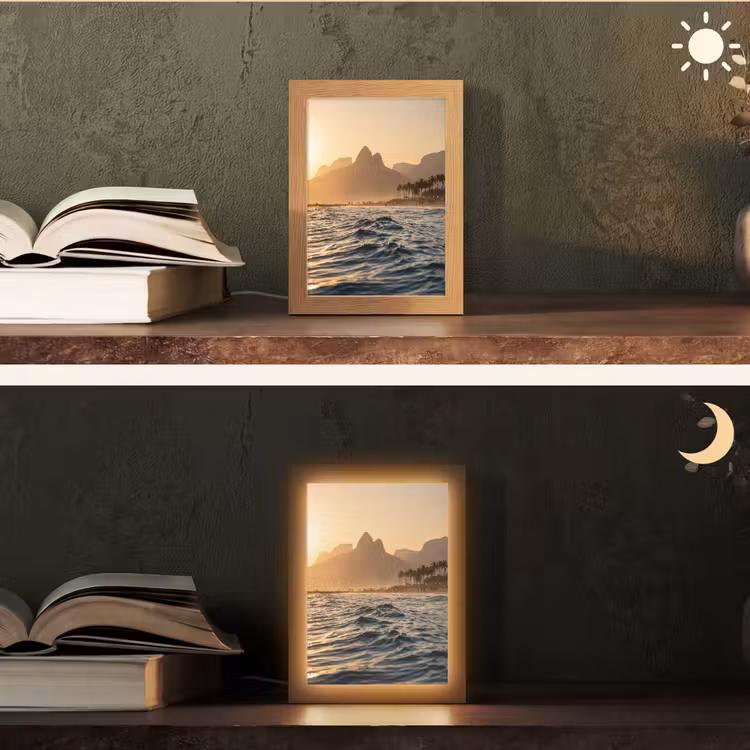 Personalisierte Lightbox - Meer – Wellen – Sonnenuntergang – Küste – Gold - Zee - Golven - Zonsondergang - Kust - Goud Light Box met kabel (Tafellamp) klein
