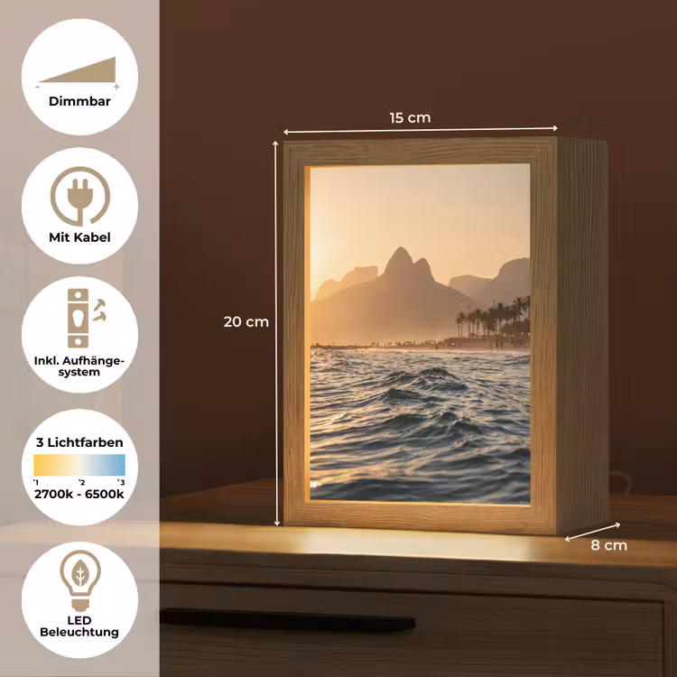 Personalisierte Lightbox - Meer – Wellen – Sonnenuntergang – Küste – Gold - Zee - Golven - Zonsondergang - Kust - Goud Light Box met kabel (Tafellamp) klein