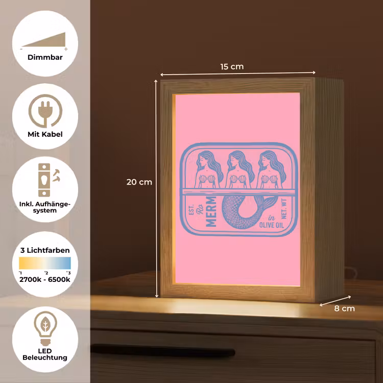 Personalisierte Lightbox - Meerjungfrau – Sardinendose – Illustration – Rosa – Retro - Meermin - Sardineblik - Illustratie - Roze - Retro Light Box met kabel (Tafellamp) klein