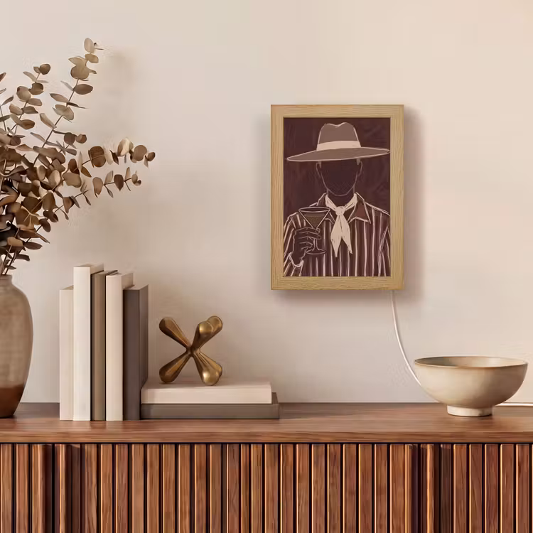 Personalisierte Lightbox - Mensch – Hut – Cocktail – Abstrakt – Braun - Mens - Hoed - Cocktail - Abstract - Bruin Light Box met kabel (Tafellamp) klein