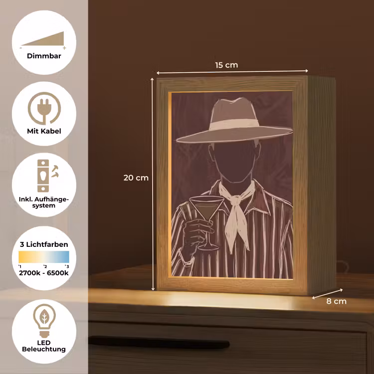 Personalisierte Lightbox - Mensch – Hut – Cocktail – Abstrakt – Braun - Mens - Hoed - Cocktail - Abstract - Bruin Light Box met kabel (Tafellamp) klein