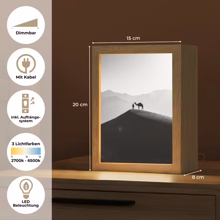 Mens - Kameel - Zandduin - Natuur - Monochroom Light Box met kabel (Tafellamp) klein -USP_DE