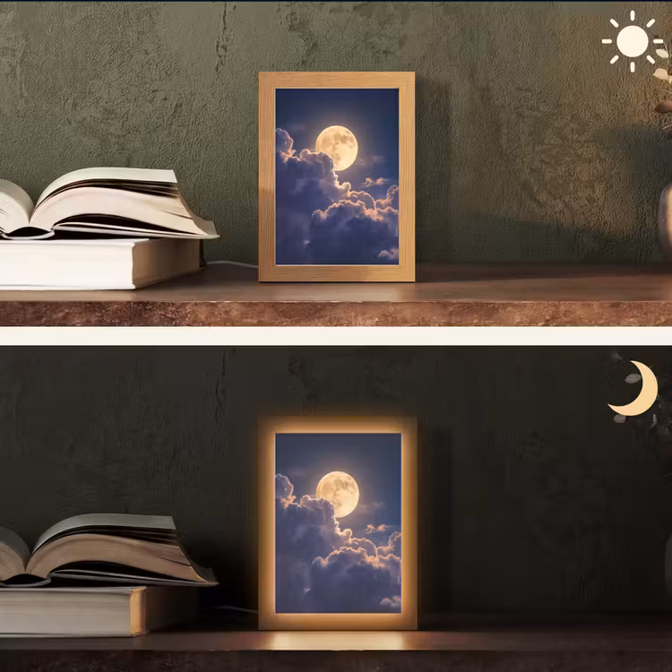 Maan - Wolken - Nacht - Oranje Light Box met kabel (Tafellamp) klein -sfeer3