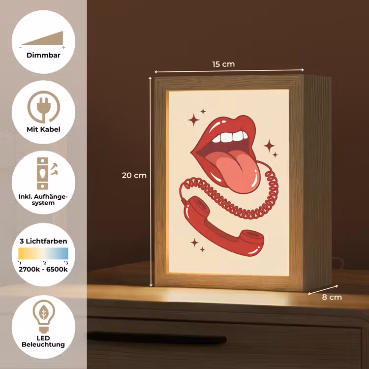Personalisierte Lightbox - Mund – Telefon – Pop-Art – Rot – Illustration - Mond - Telefoon - Popart - Rood - Illustratie Light Box met kabel (Tafellamp) klein