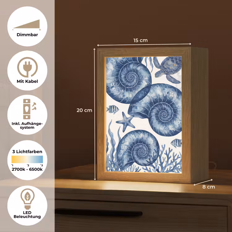 Schelp - Spiraal - Zeeleven - Aquarel - Blauw Light Box met kabel (Tafellamp) klein -USP_DE