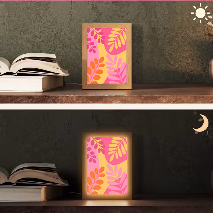 Personalisierte Lightbox - Natur – Blätter – Abstrakt – Rosa – Gelb - Natuur - Bladeren - Abstract - Roze - Geel Light Box met kabel (Tafellamp) klein