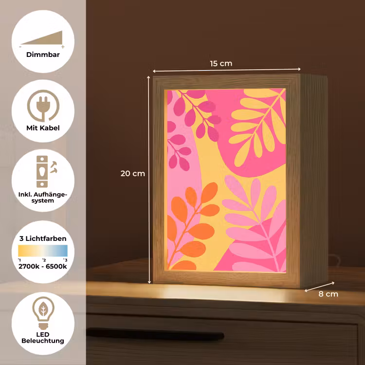 Personalisierte Lightbox - Natur – Blätter – Abstrakt – Rosa – Gelb - Natuur - Bladeren - Abstract - Roze - Geel Light Box met kabel (Tafellamp) klein