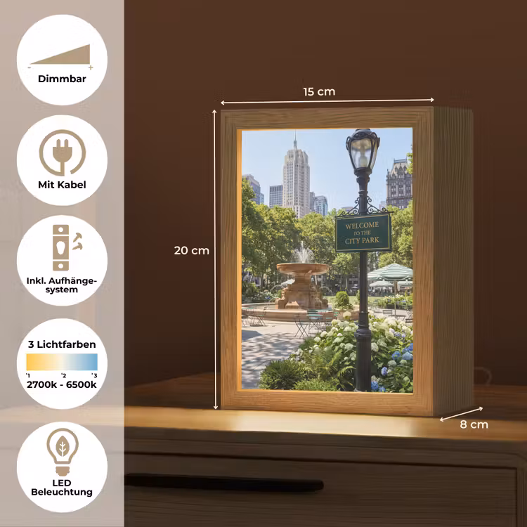 Personalisierte Lightbox - Park – Springbrunnen – Stadt – Natur - Park - Fontein - Stad - Natuur Light Box met kabel (Tafellamp) klein