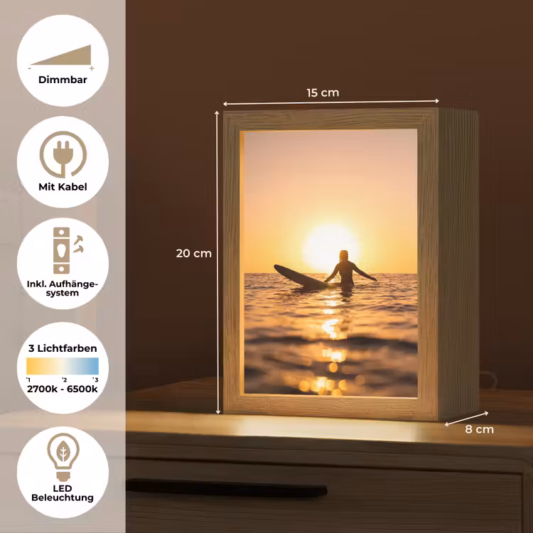Personalisierte Lightbox - Person – Surfen – Sonnenuntergang – Meer – Orange - Persoon - Surfen - Zonsondergang - Zee - Oranje Light Box met kabel (Tafellamp) klein