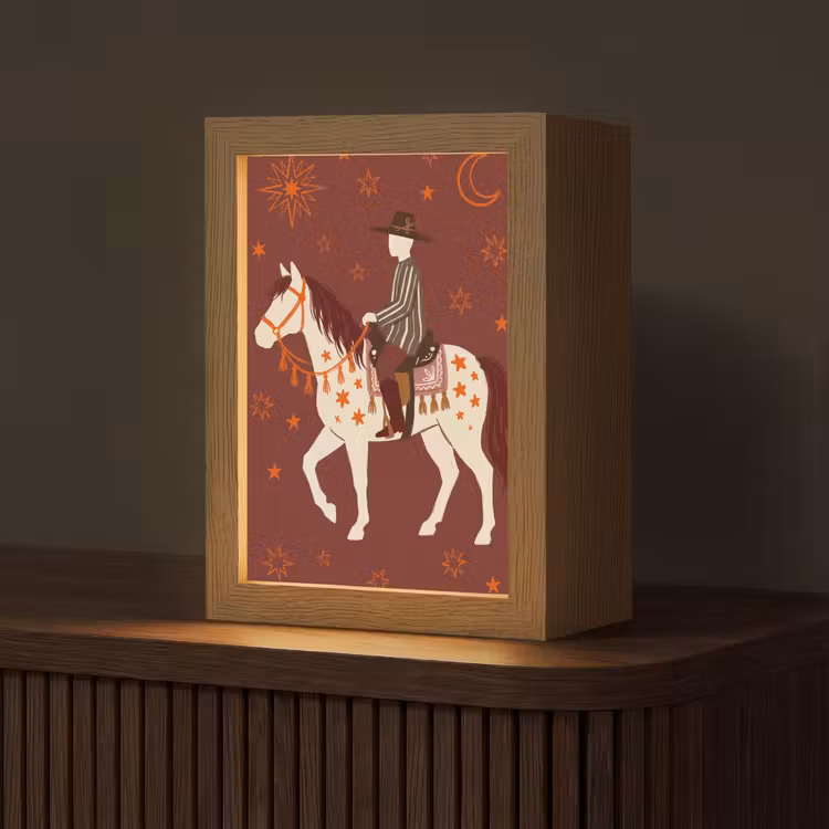 Personalisierte Lightbox - Pferd – Reiter – Sterne – Nacht – Illustration - Paard - Ruiter - Sterren - Nacht - Illustratie Light Box met kabel (Tafellamp) klein