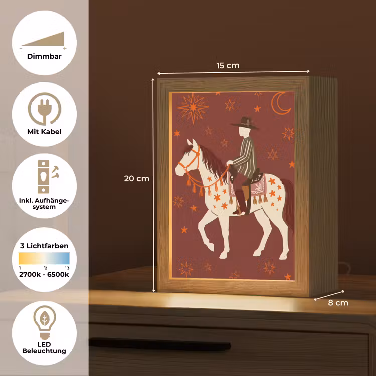 Personalisierte Lightbox - Pferd – Reiter – Sterne – Nacht – Illustration - Paard - Ruiter - Sterren - Nacht - Illustratie Light Box met kabel (Tafellamp) klein