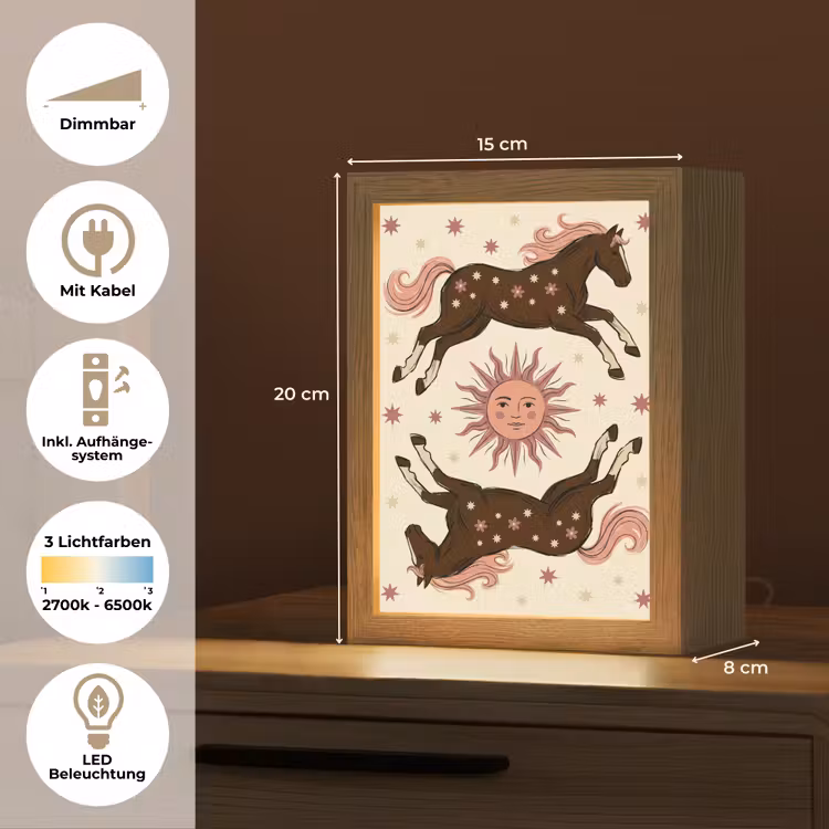 Personalisierte Lightbox - Pferd – Sonne – Mystik – Illustration – Rosa - Paard - Zon - Mystiek - Illustratie - Roze Light Box met kabel (Tafellamp) klein