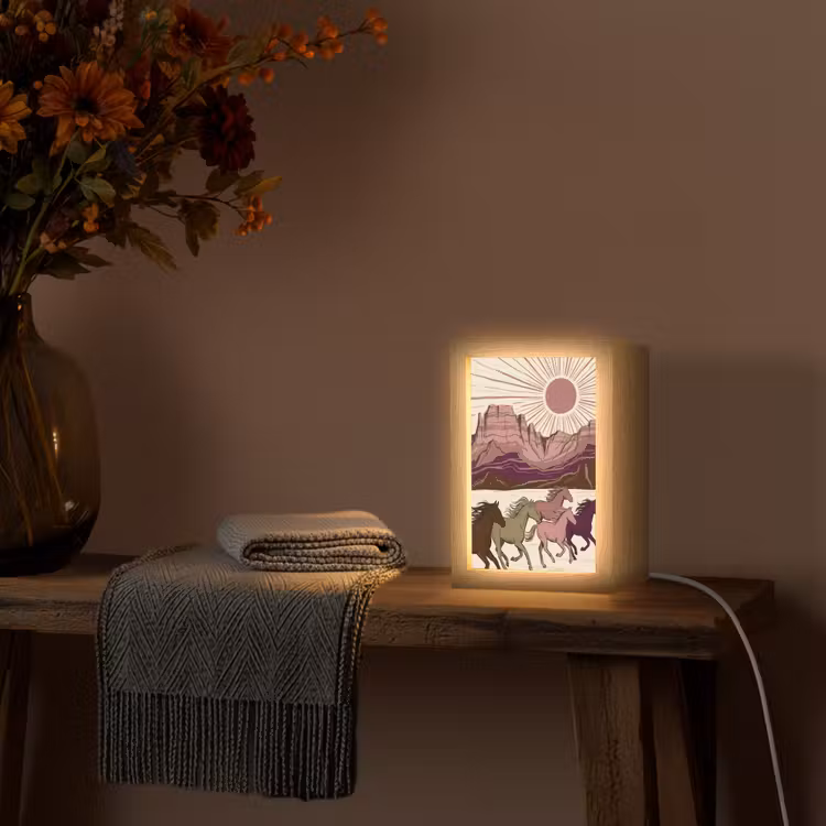 Personalisierte Lightbox - Pferde – Laufend – Wüste – Natur – Abstrakt - Paarden - Rennend - Woestijn - Natuur - Abstract Light Box met kabel (Tafellamp) klein