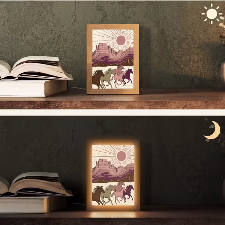Personalisierte Lightbox - Pferde – Laufend – Wüste – Natur – Abstrakt - Paarden - Rennend - Woestijn - Natuur - Abstract Light Box met kabel (Tafellamp) klein