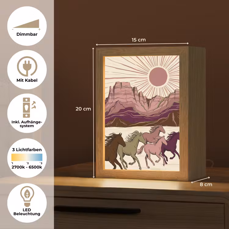 Personalisierte Lightbox - Pferde – Laufend – Wüste – Natur – Abstrakt - Paarden - Rennend - Woestijn - Natuur - Abstract Light Box met kabel (Tafellamp) klein