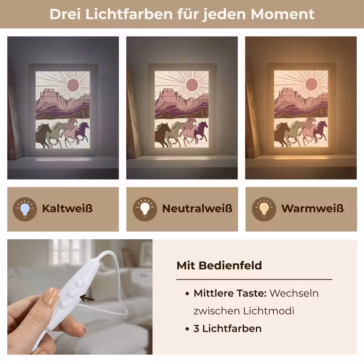 Personalisierte Lightbox - Pferde – Laufend – Wüste – Natur – Abstrakt - Paarden - Rennend - Woestijn - Natuur - Abstract Light Box met kabel (Tafellamp) klein